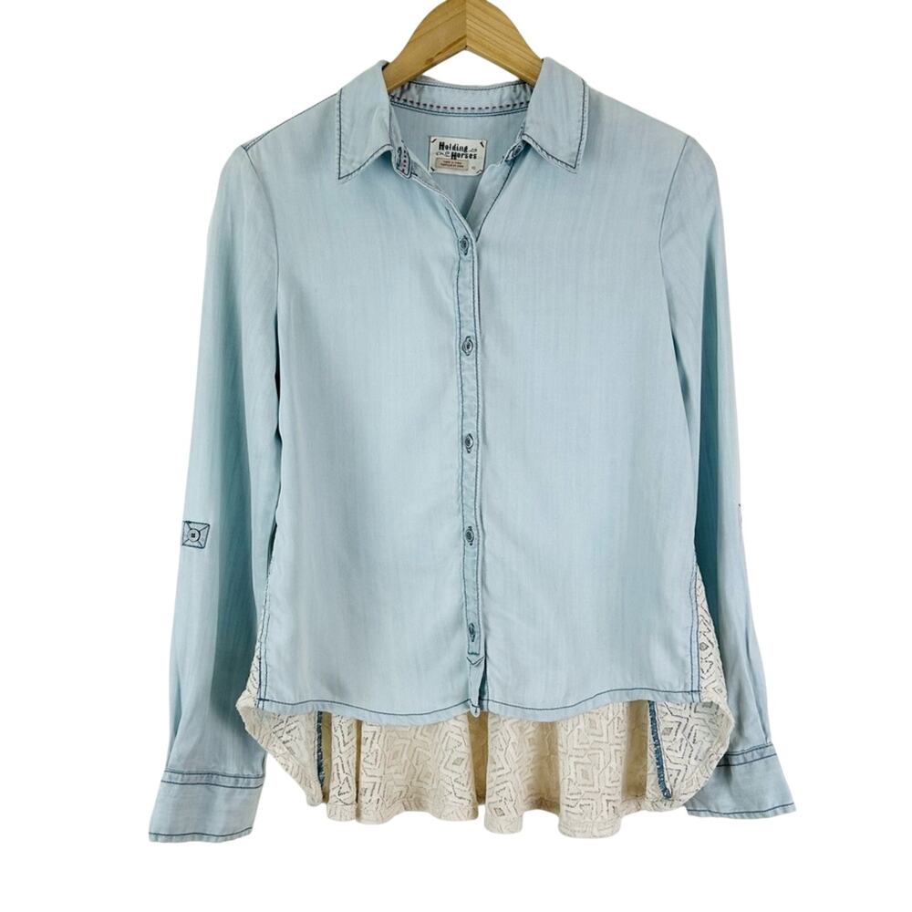 Anthropologie Holding Horses Western Bohemian Cowgirl‎ Lace Chambray Button Down